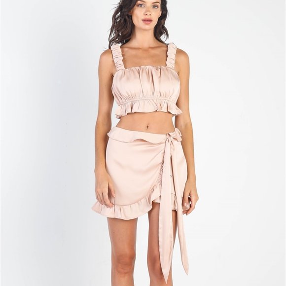 Skirts Dusty Peach Satin Effect Ruched Bust Top Wrap Mini Skirt Set